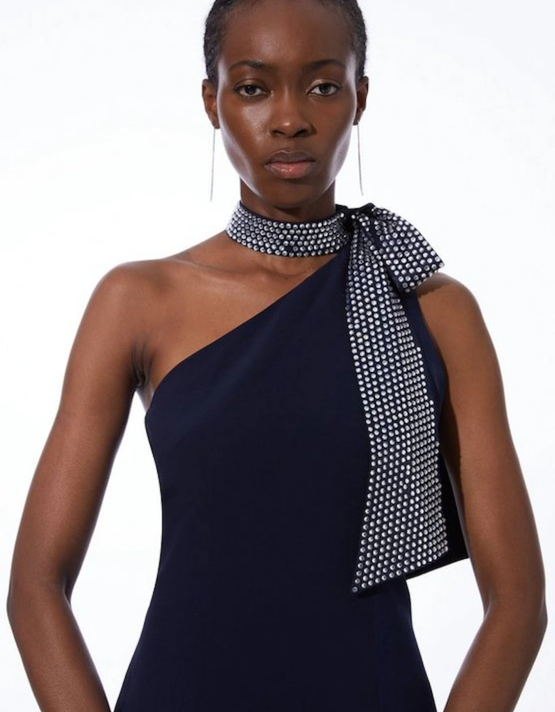Viscose Satin Back Crepe Embellished Tie Detail Midi Dress