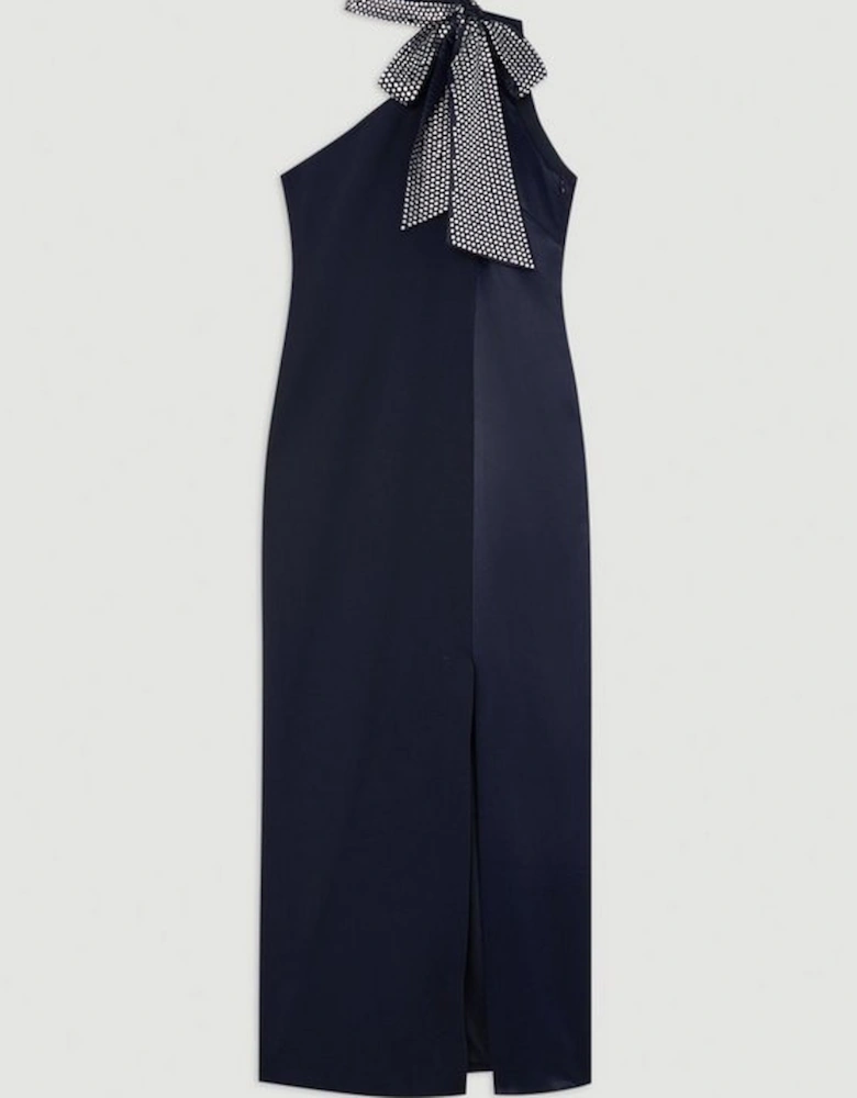 Viscose Satin Back Crepe Embellished Tie Detail Midi Dress