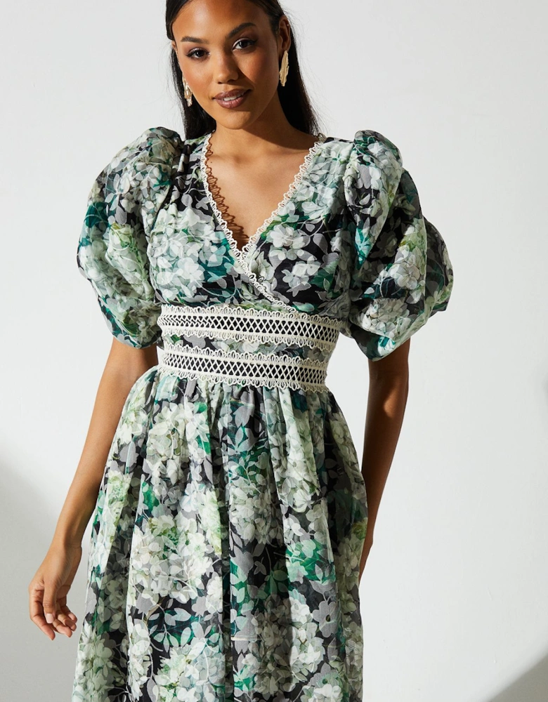 Printed Jacquard Lace Trim Gathered Sleeve Dress