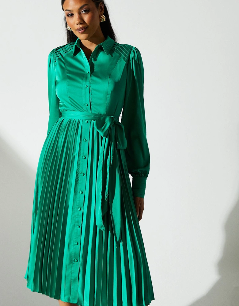 Pleated Satin Shirt Dress