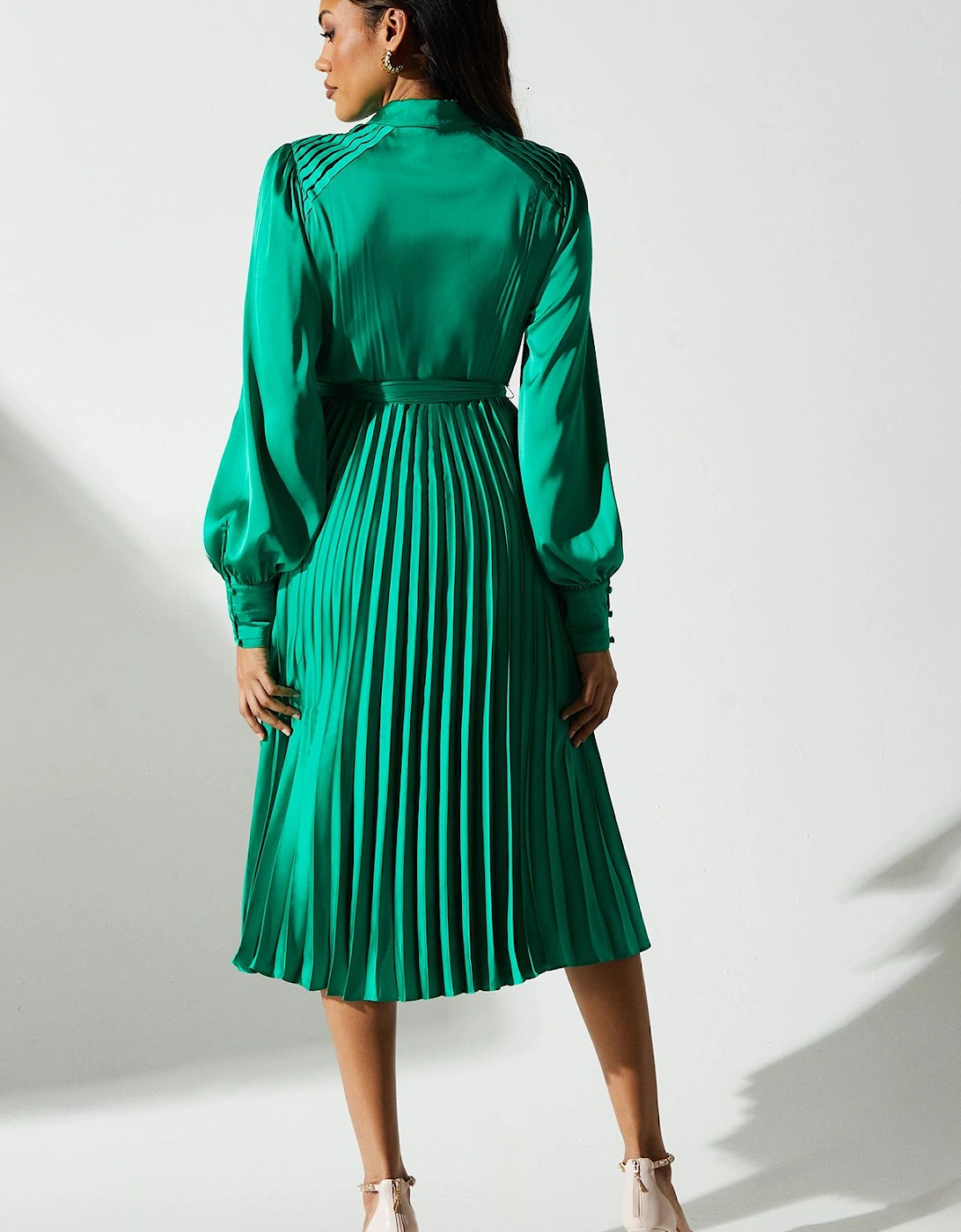 Pleated Satin Shirt Dress