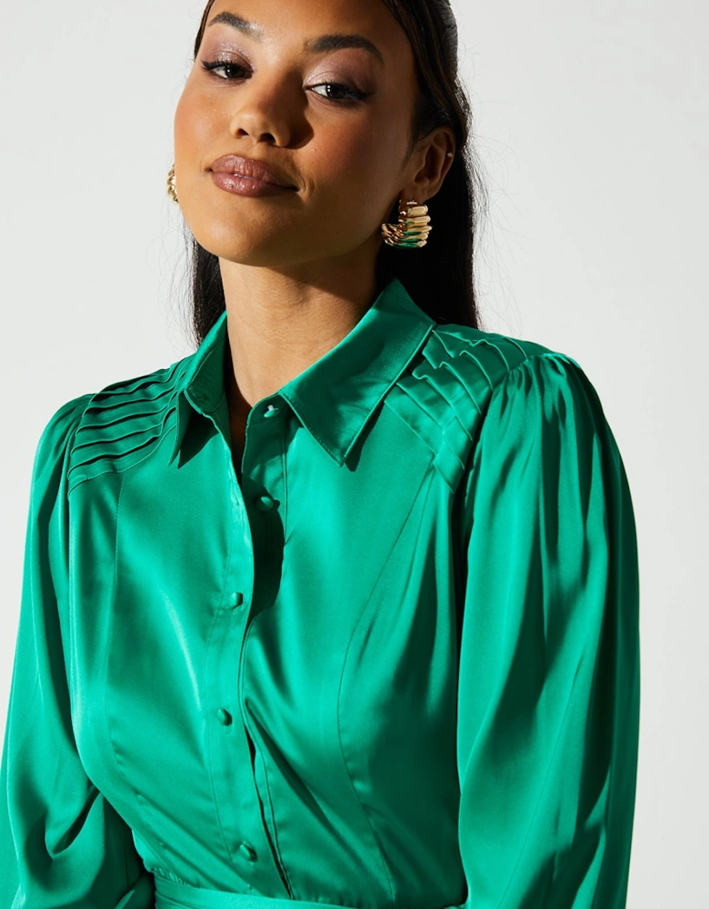 Pleated Satin Shirt Dress