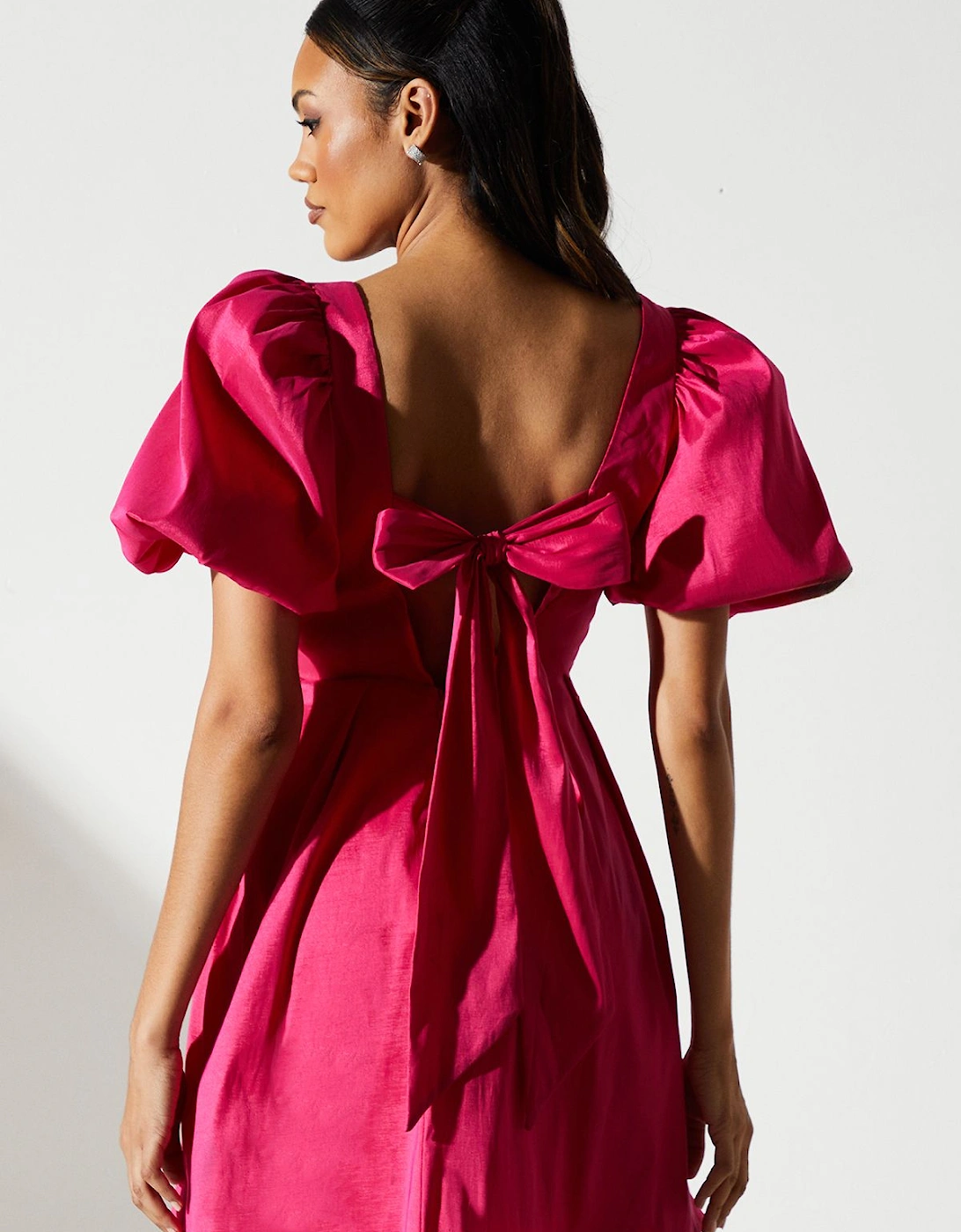 Puff Sleeve Full Skirted Mini Dress with Tie Back