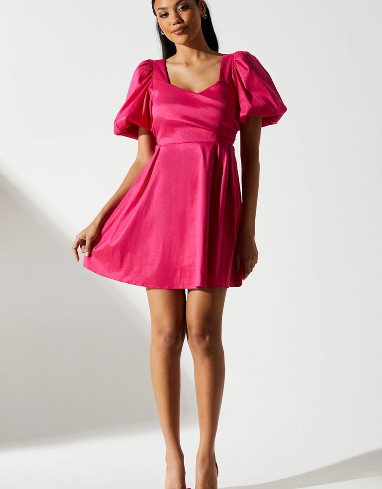 Puff Sleeve Full Skirted Mini Dress with Tie Back