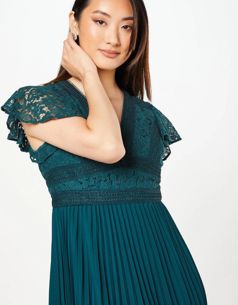 Petite Lace Top Pleated Skirt Fit & Flare Midi Dress