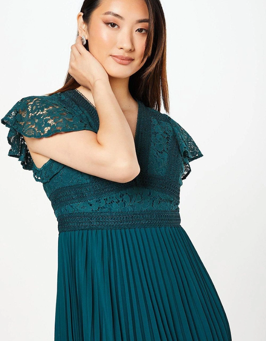 Petite Lace Top Pleated Skirt Fit & Flare Midi Dress