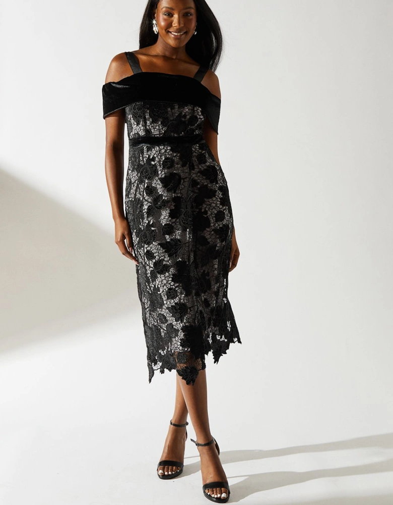 Bardot Detail Velvet Lace Pencil Dress With Contrast Lining