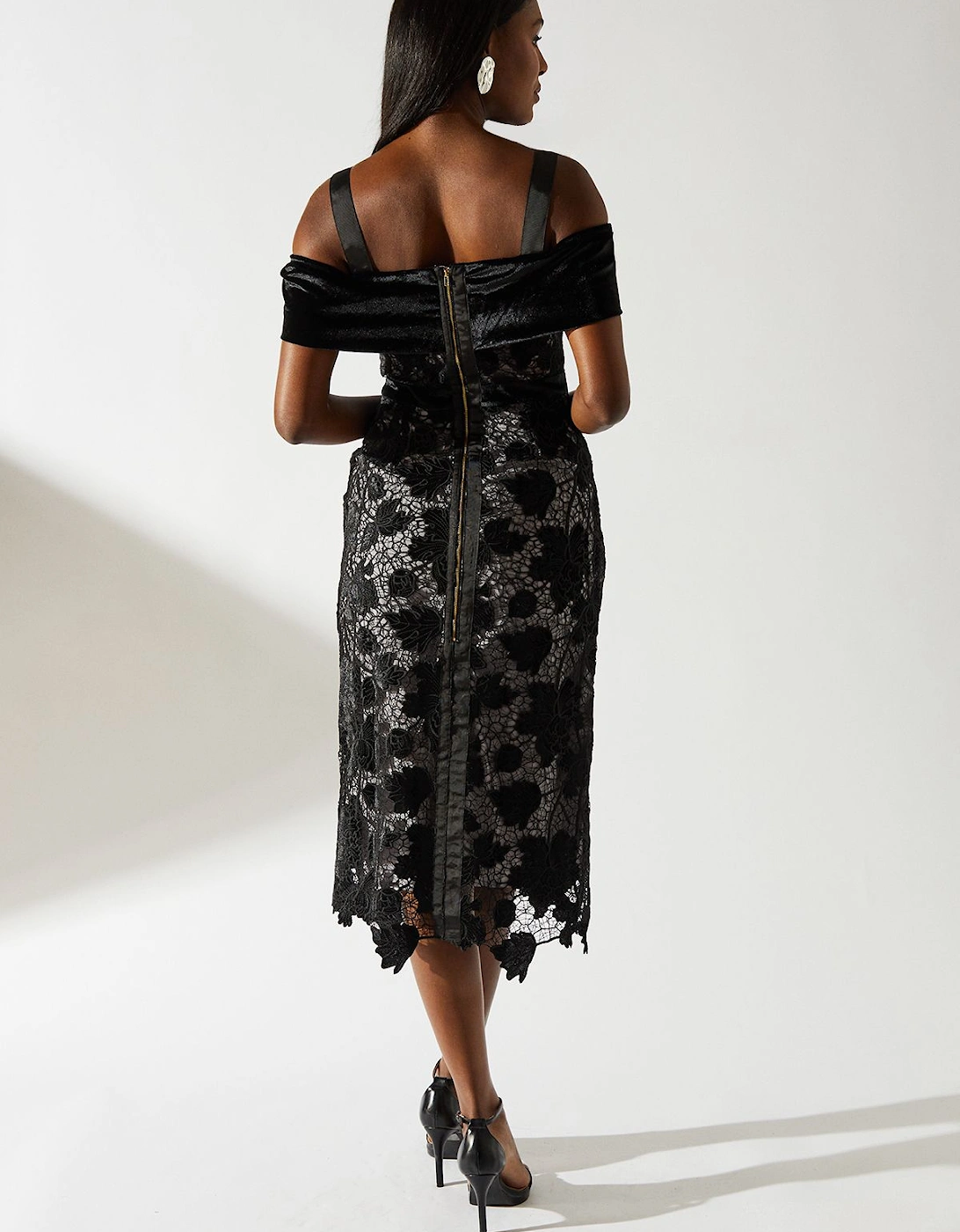 Bardot Detail Velvet Lace Pencil Dress With Contrast Lining