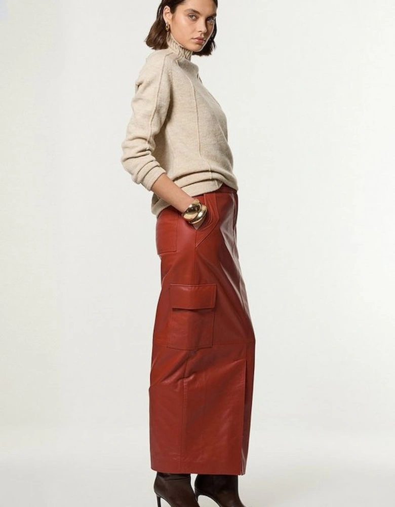 Leather Cargo Pocket Maxi Tailored Skirt