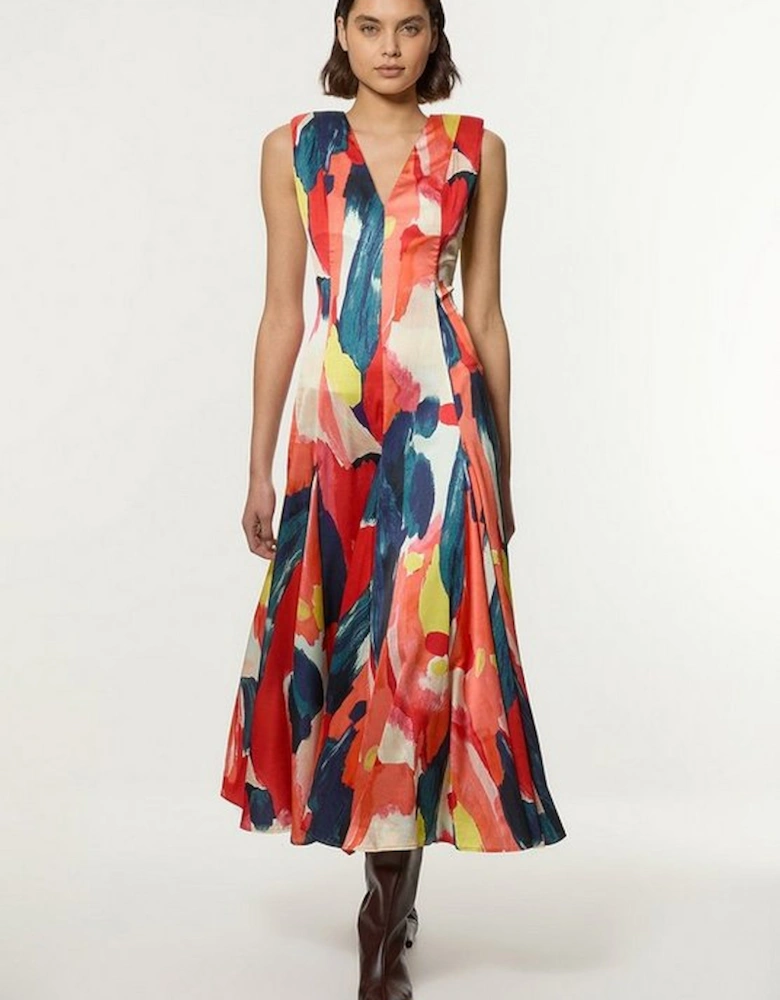 Satin Print V Neck Woven Maxi Dress