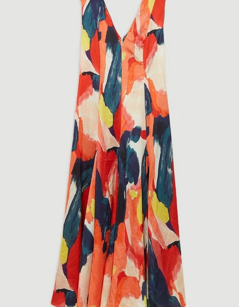 Satin Print V Neck Woven Maxi Dress