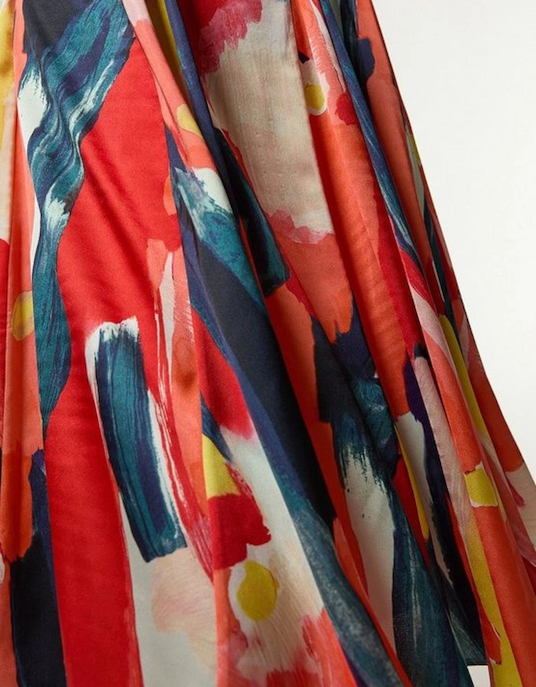 Satin Print V Neck Woven Maxi Dress