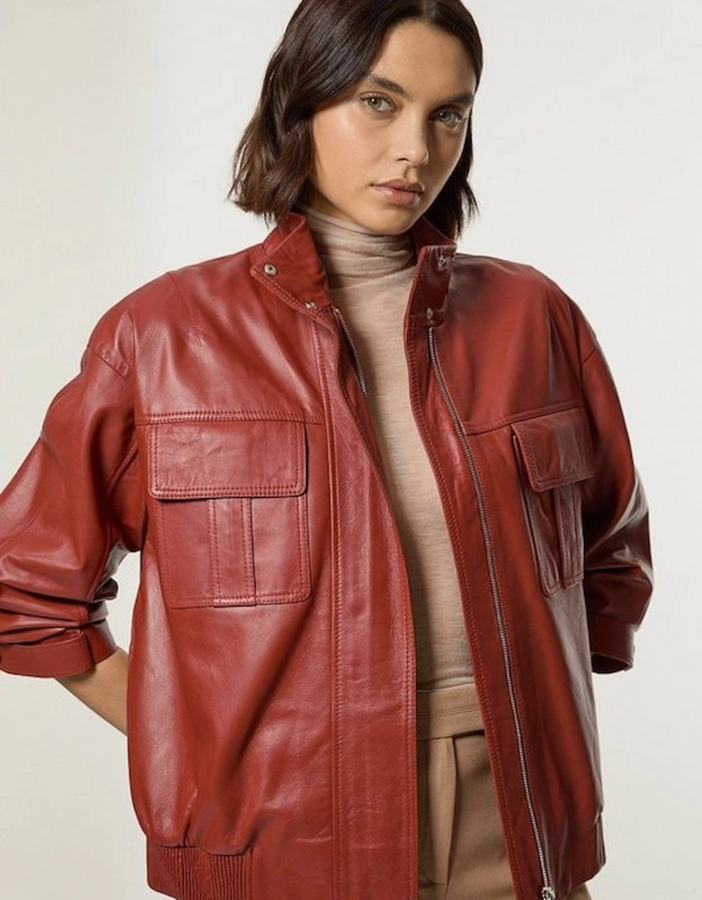 Leather Cargo Pocket Bomber Jacket