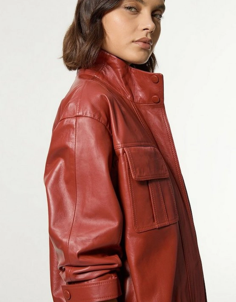 Leather Cargo Pocket Bomber Jacket