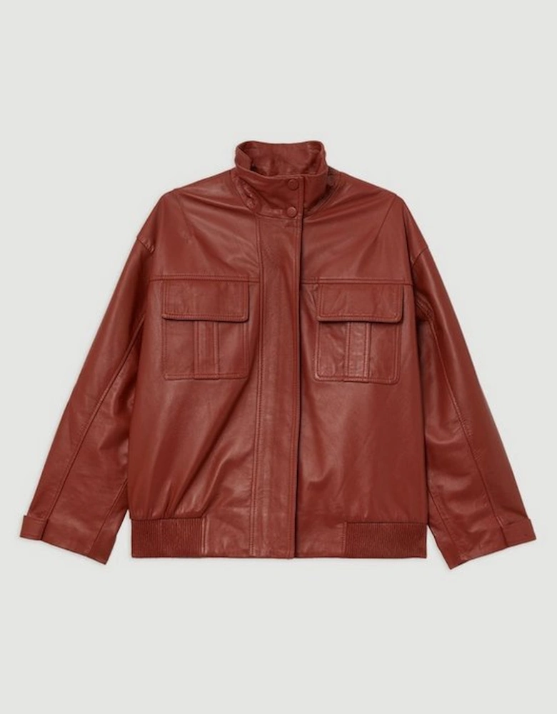 Leather Cargo Pocket Bomber Jacket