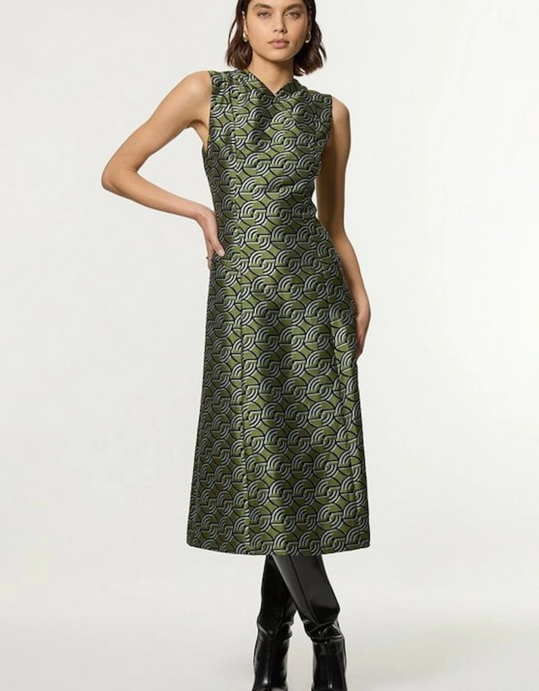 Geo Jacquard Twill Tailored Full Skirted Midi Dress