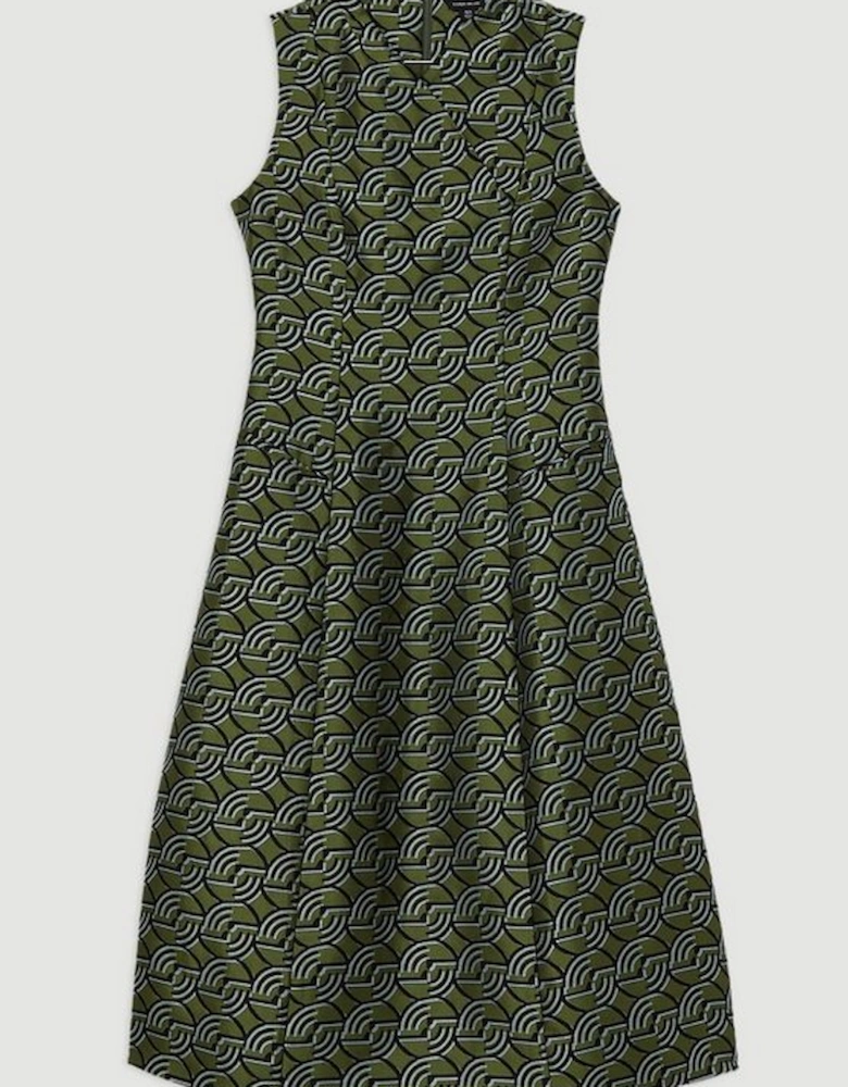 Geo Jacquard Twill Tailored Full Skirted Midi Dress