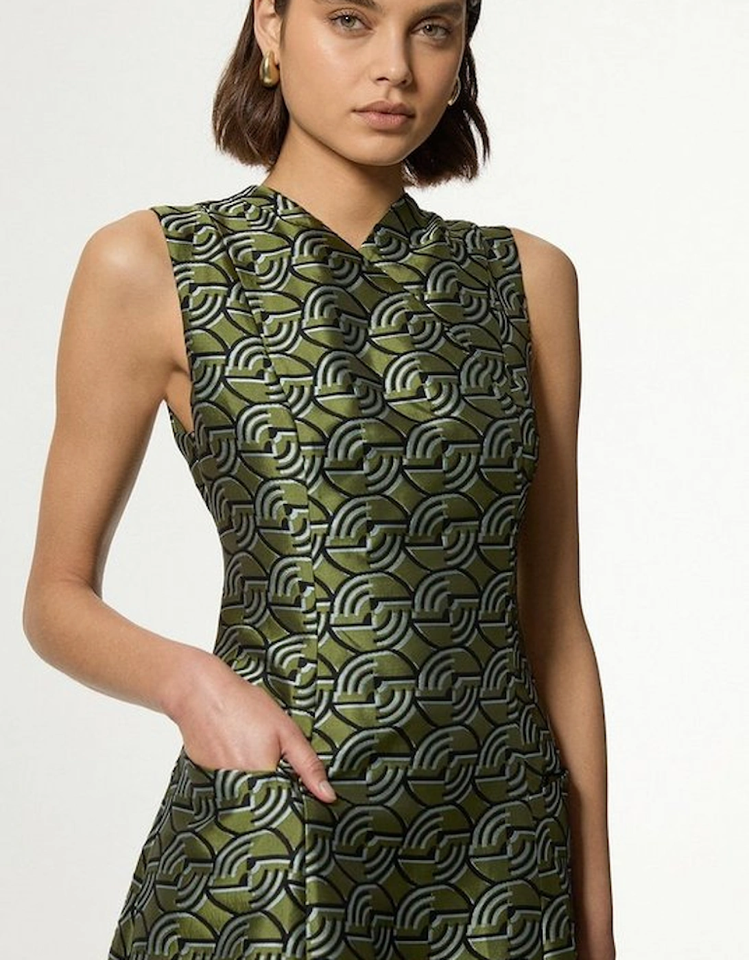 Geo Jacquard Twill Tailored Full Skirted Midi Dress