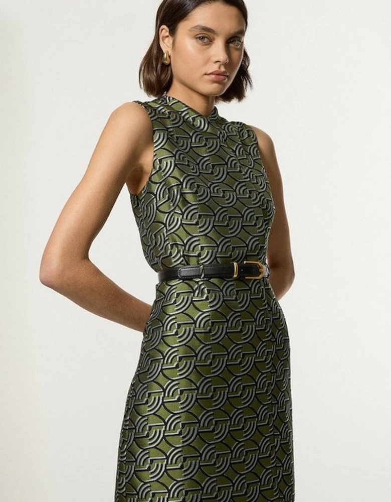 Geometric Jacquard Twill Tailored Belted Mini Dress