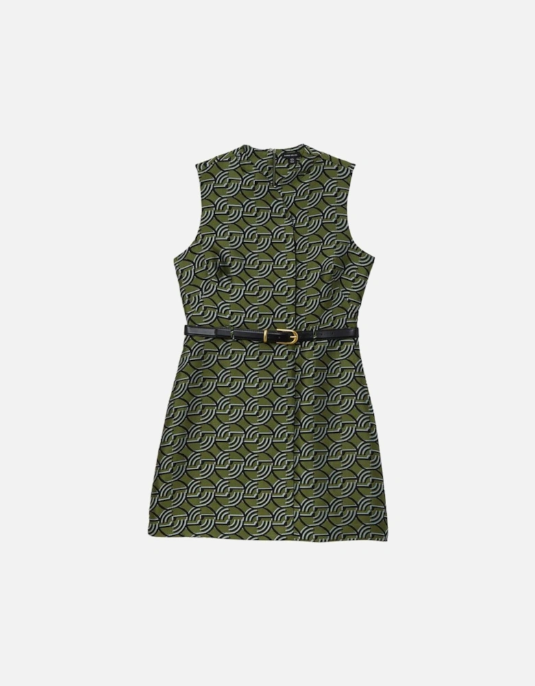 Geometric Jacquard Twill Tailored Belted Mini Dress