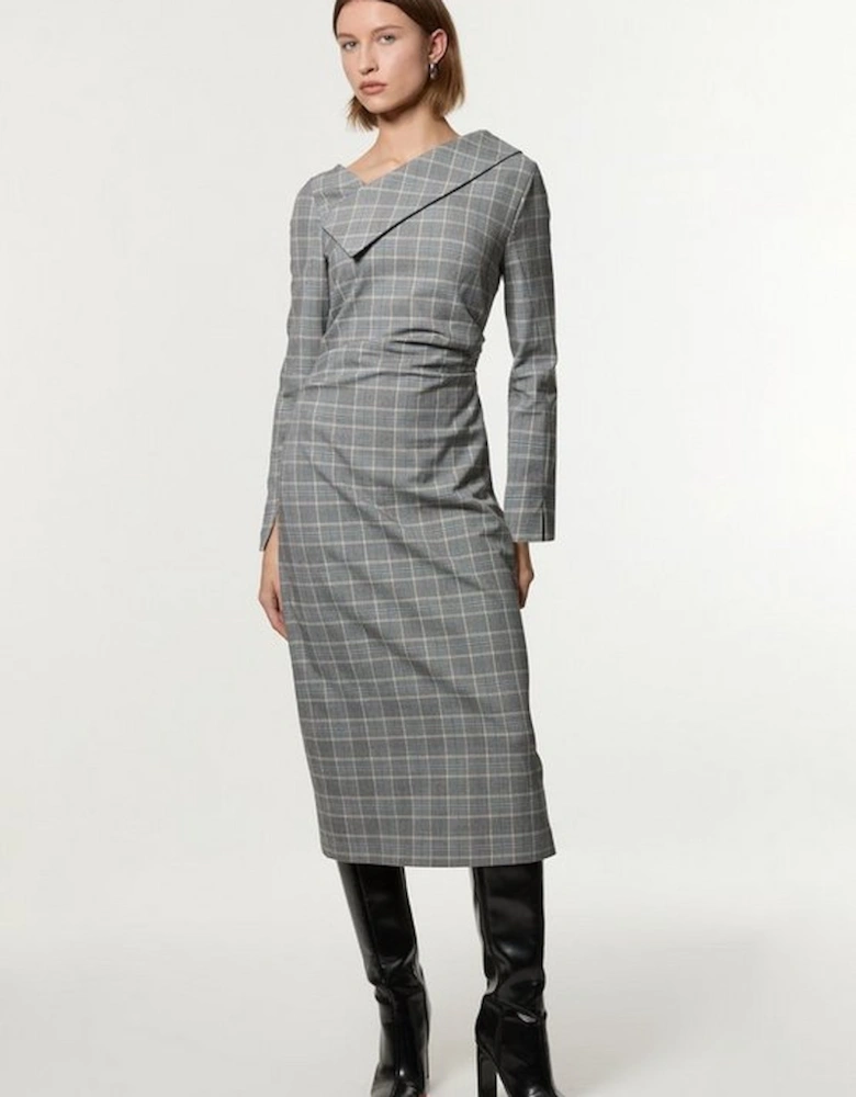 Grey Check Tailored Asymmetrical Collared Fitted Maxi Dress