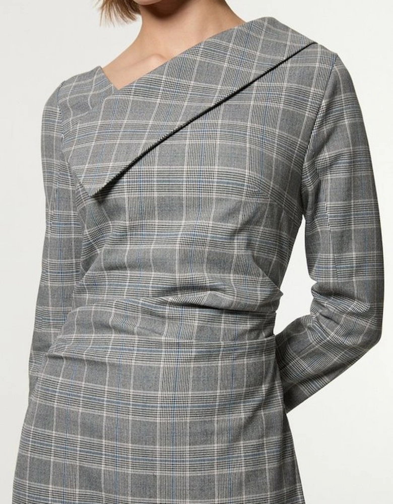 Grey Check Tailored Asymmetrical Collared Fitted Maxi Dress