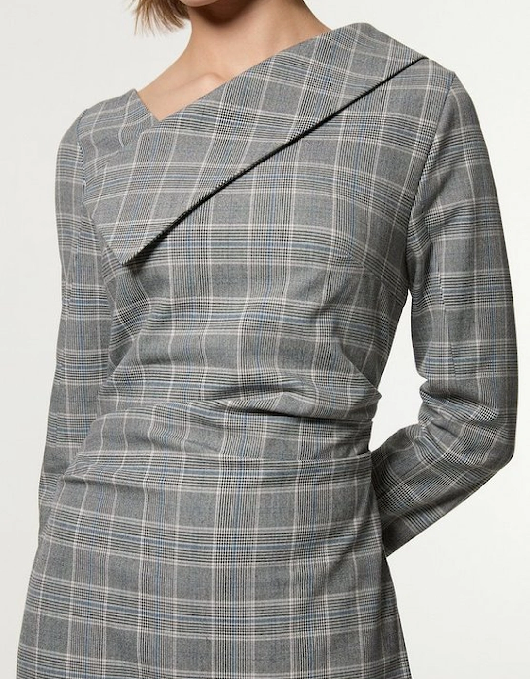 Grey Check Tailored Asymmetrical Collared Fitted Maxi Dress