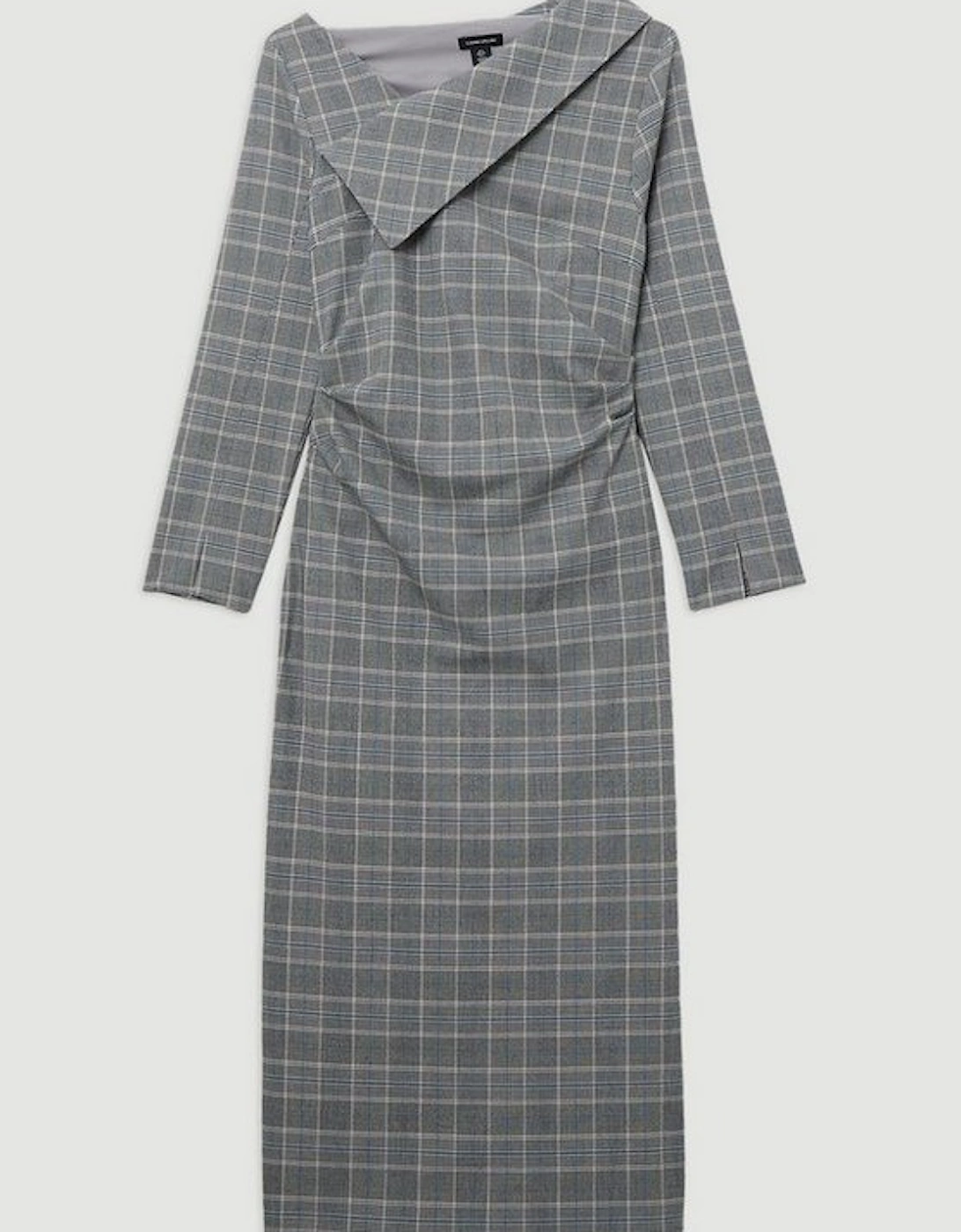 Grey Check Tailored Asymmetrical Collared Fitted Maxi Dress