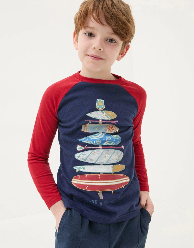 Boys Board Surf Tree Long Sleeve Christmas T-Shirt - Navy