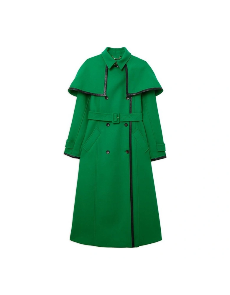 Premium Italian Manteco Wool Pu Tipped Storm Flap Cape Full Skirted Tailored Midaxi Coat