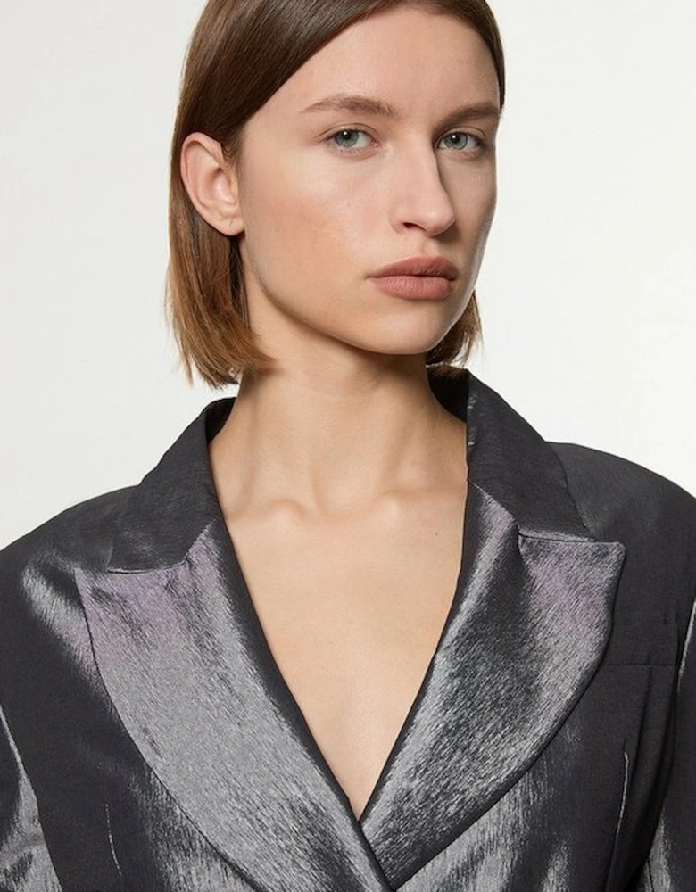 Fluid Tailored Metallic Asymmetric Wrap Blazer