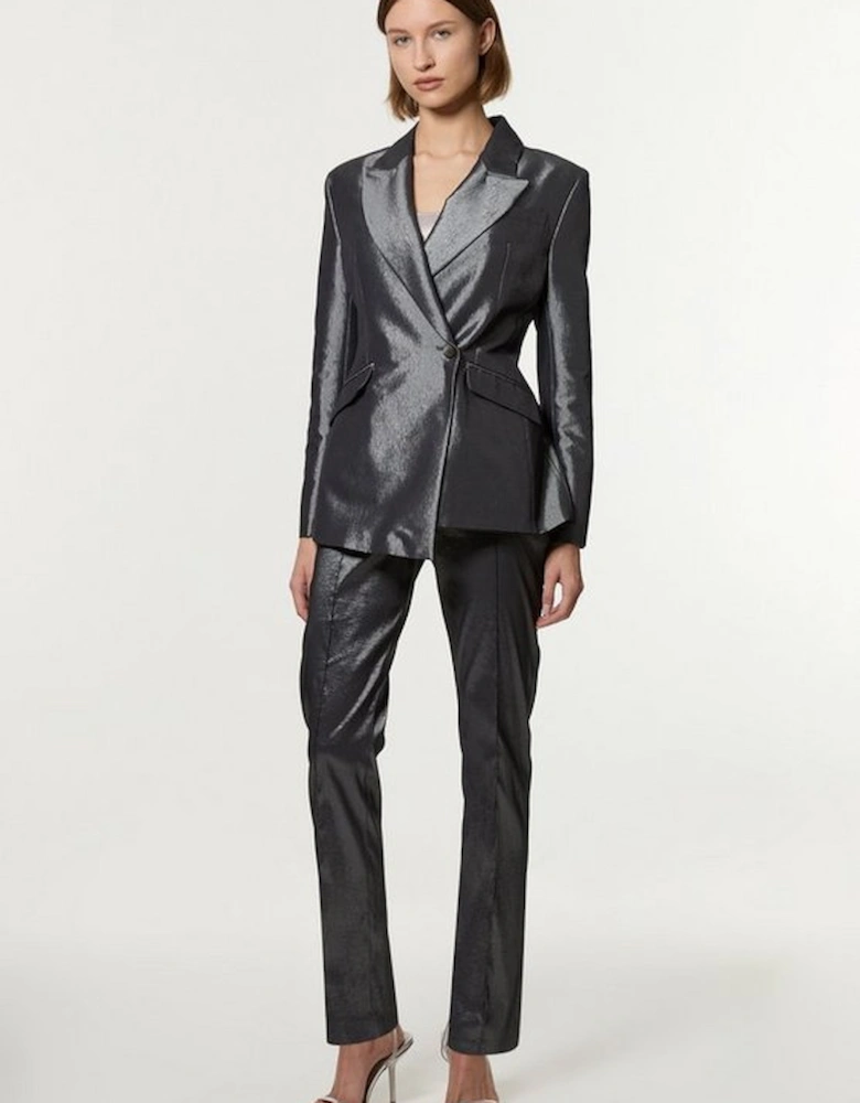 Fluid Tailored Metallic Asymmetric Wrap Blazer