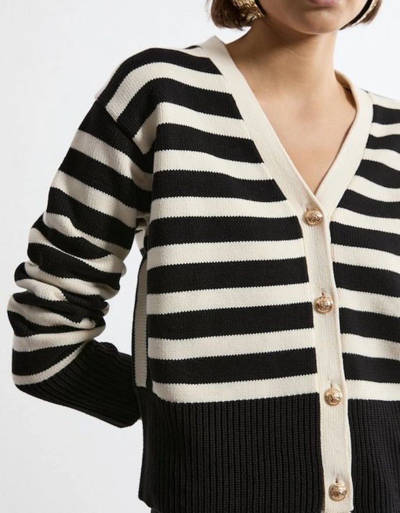 Cotton V Neck Knit Boxy Striped Cardigan