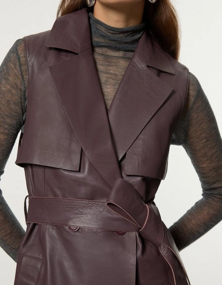 Leather Sleeveless Belted Storm Flap Detail Trench Coat