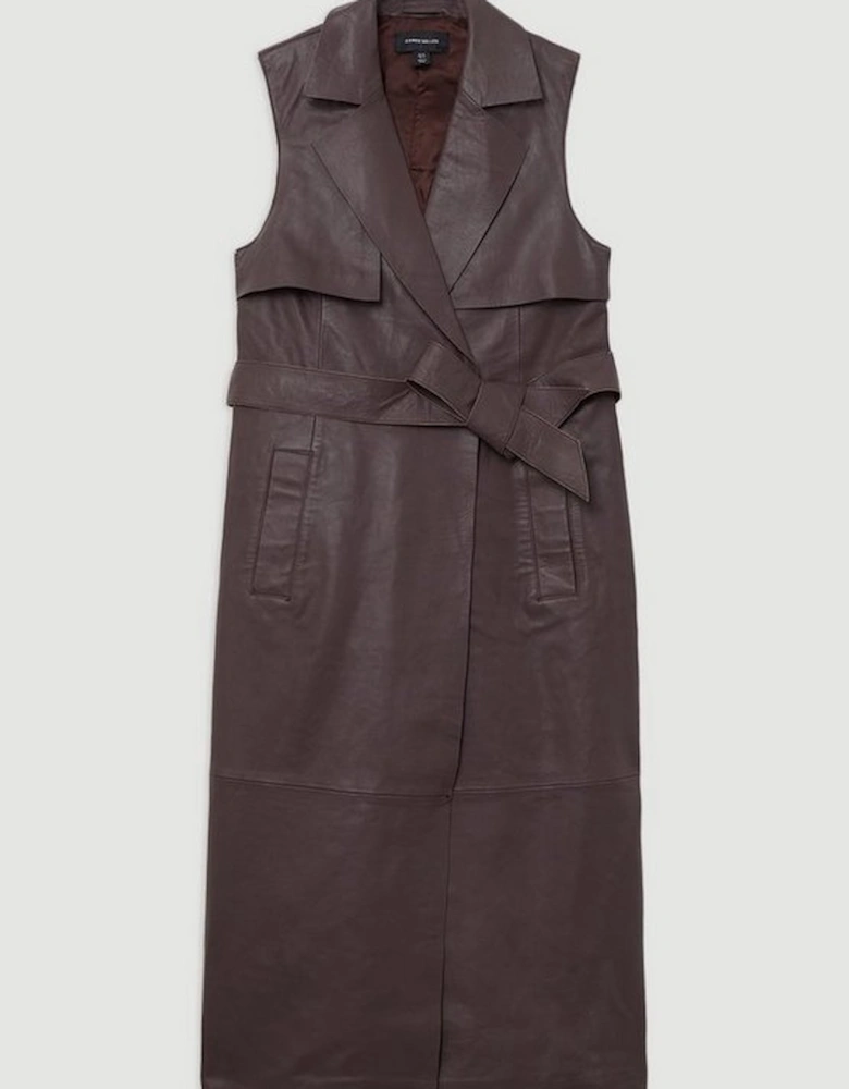 Leather Sleeveless Belted Storm Flap Detail Trench Coat