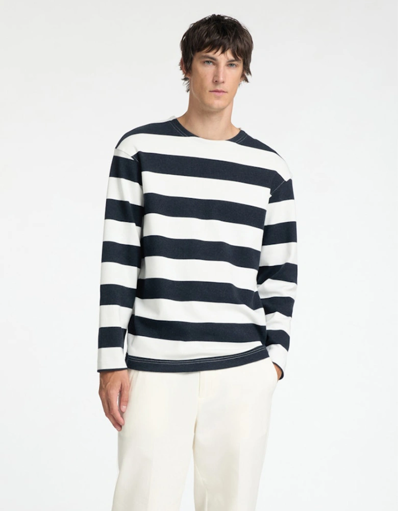 Homme Wade Long Sleeve O-Neck Tee Egret with Sky Captain Stripes