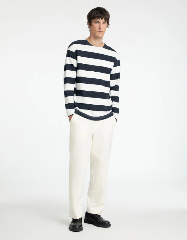 Homme Wade Long Sleeve O-Neck Tee Egret with Sky Captain Stripes