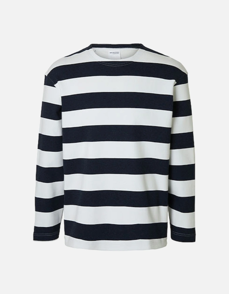 Homme Wade Long Sleeve O-Neck Tee Egret with Sky Captain Stripes