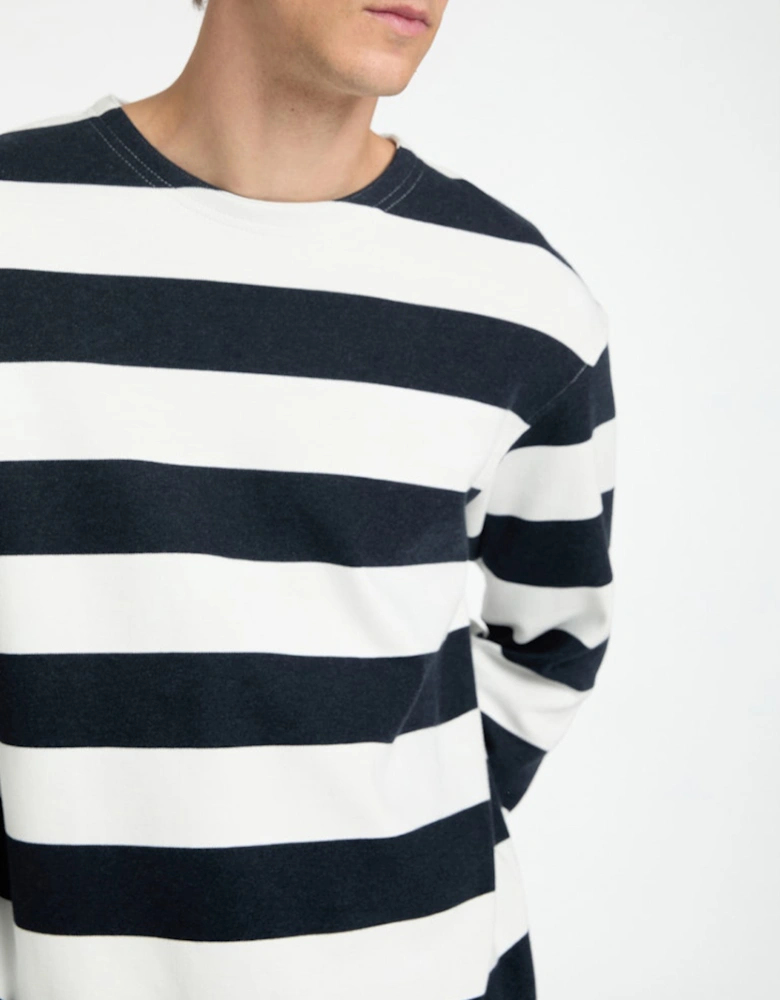 Homme Wade Long Sleeve O-Neck Tee Egret with Sky Captain Stripes