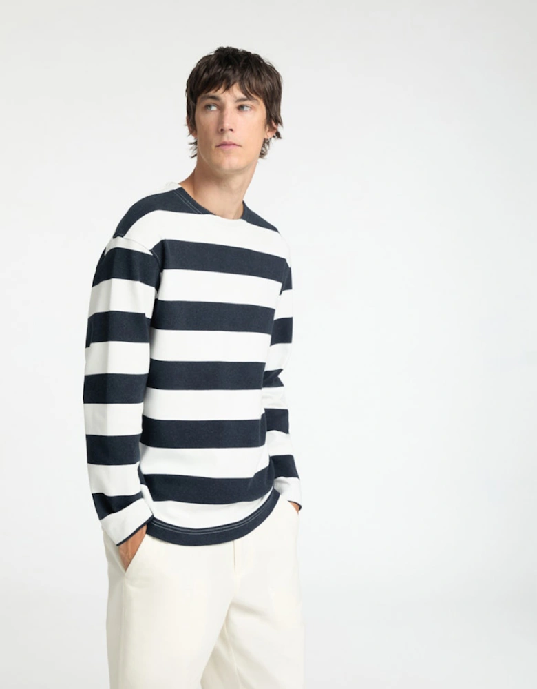 Homme Wade Long Sleeve O-Neck Tee Egret with Sky Captain Stripes