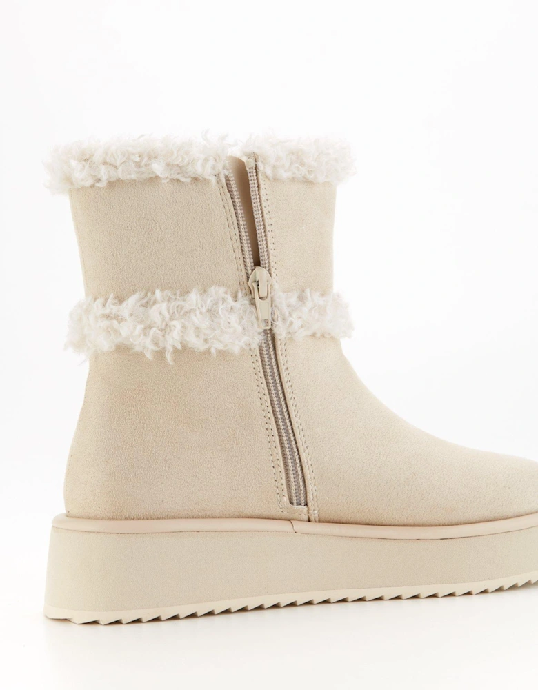 Flatform Ankle Boot With Faux Fur - Cream