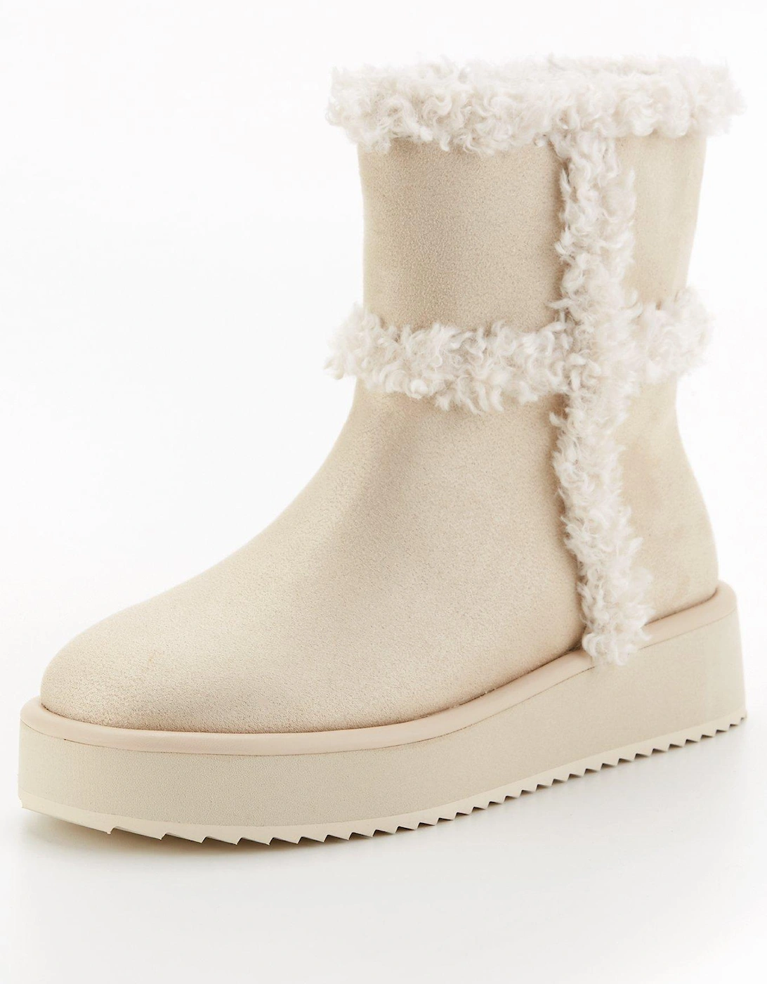 Flatform Ankle Boot With Faux Fur - Cream