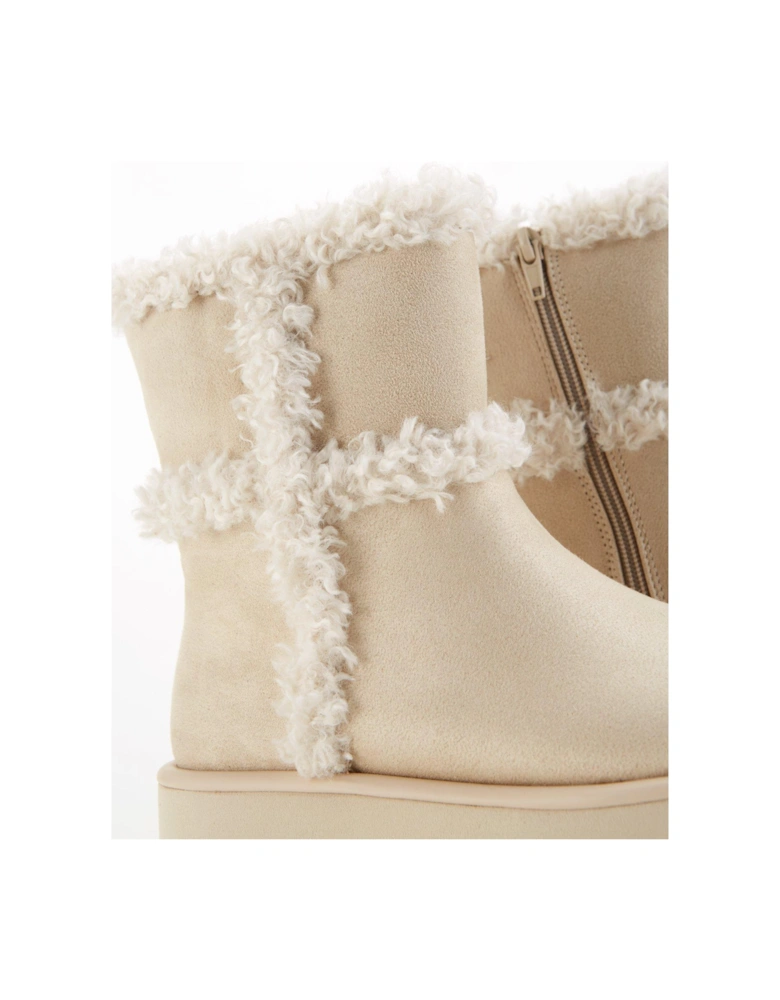 Flatform Ankle Boot With Faux Fur - Cream