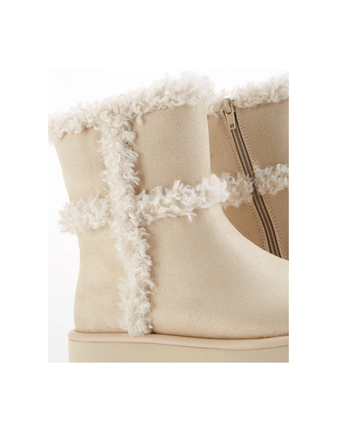 Flatform Ankle Boot With Faux Fur - Cream