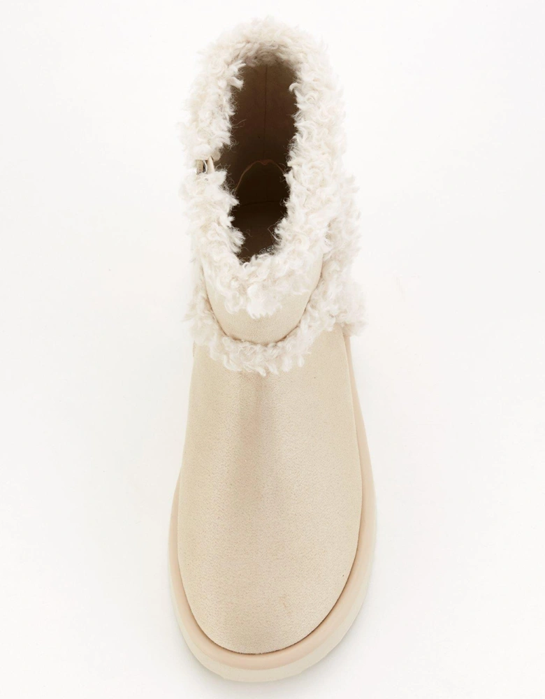 Flatform Ankle Boot With Faux Fur - Cream