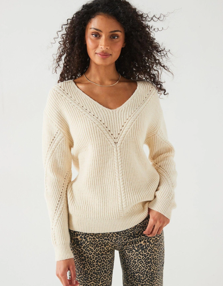 V Neck Stitch Detail Jumper - Natural