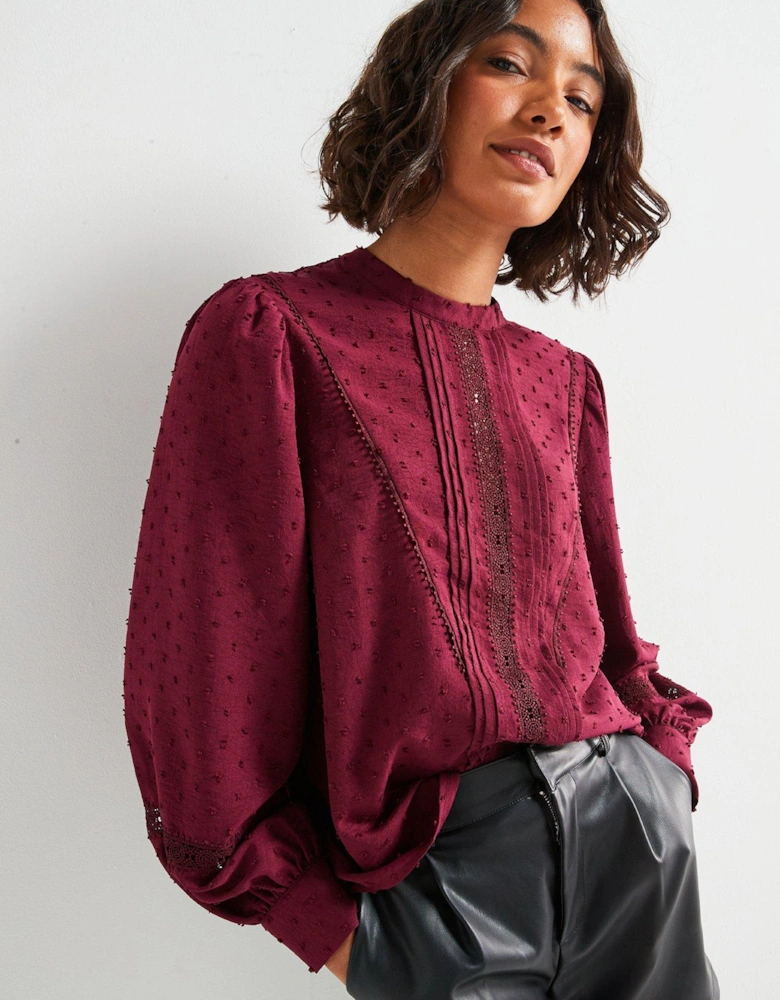 Dobby Lace High Neck Blouse - Maroon