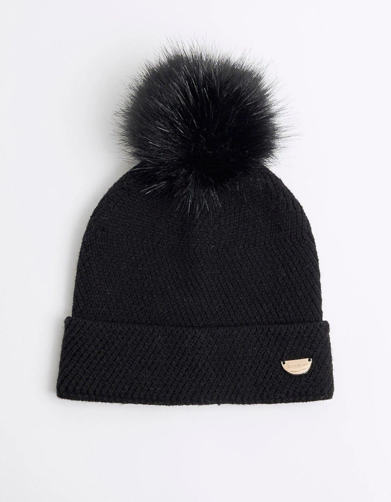 Girls Oversized Pom Pom Beanie - Black