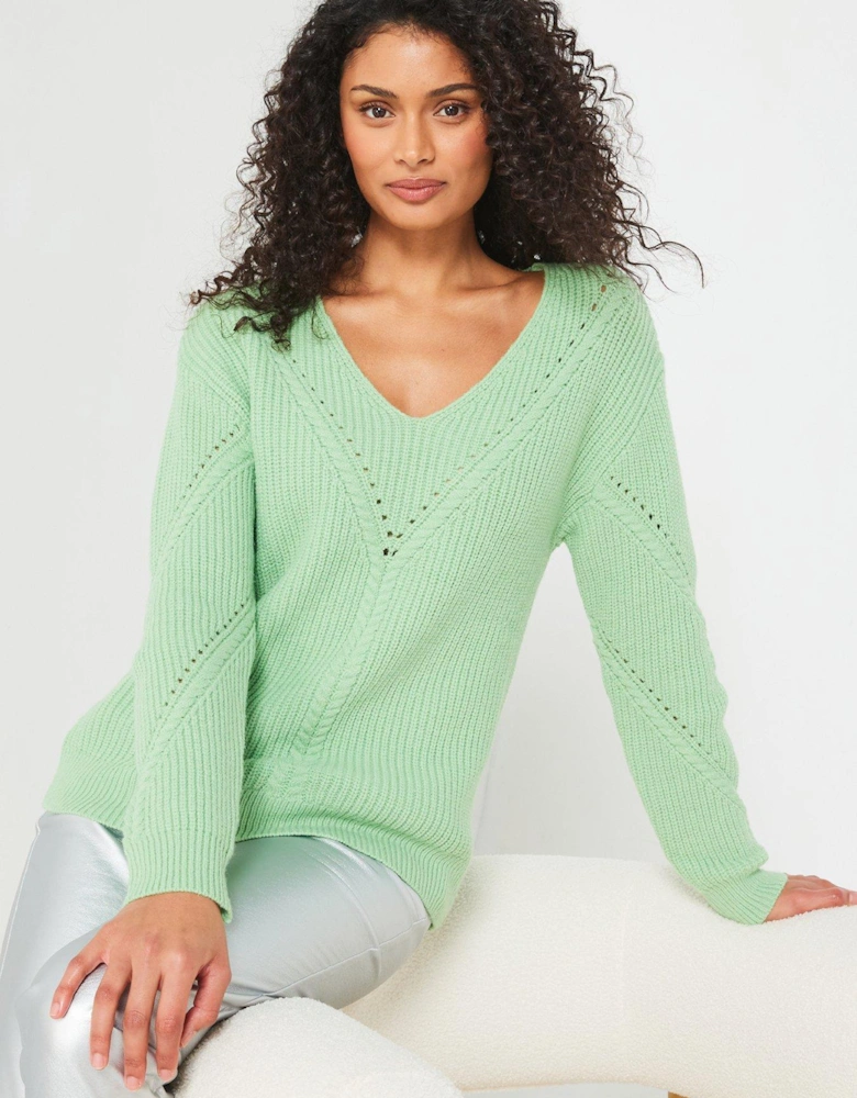 V Neck Stitch Detail Jumper - Green