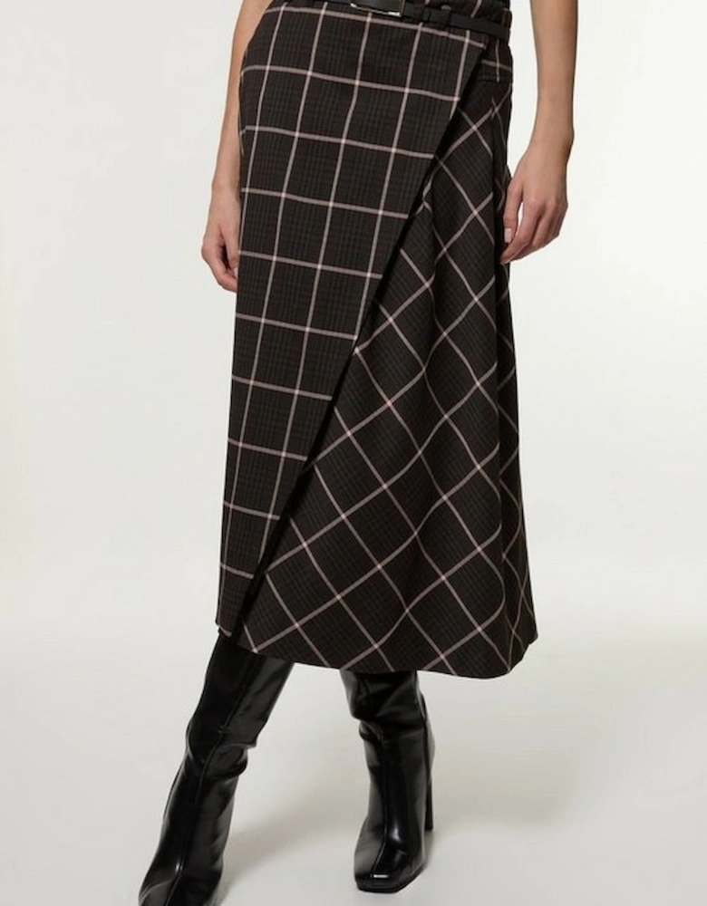 Check Pleated Kilt Belted Midi Skirt